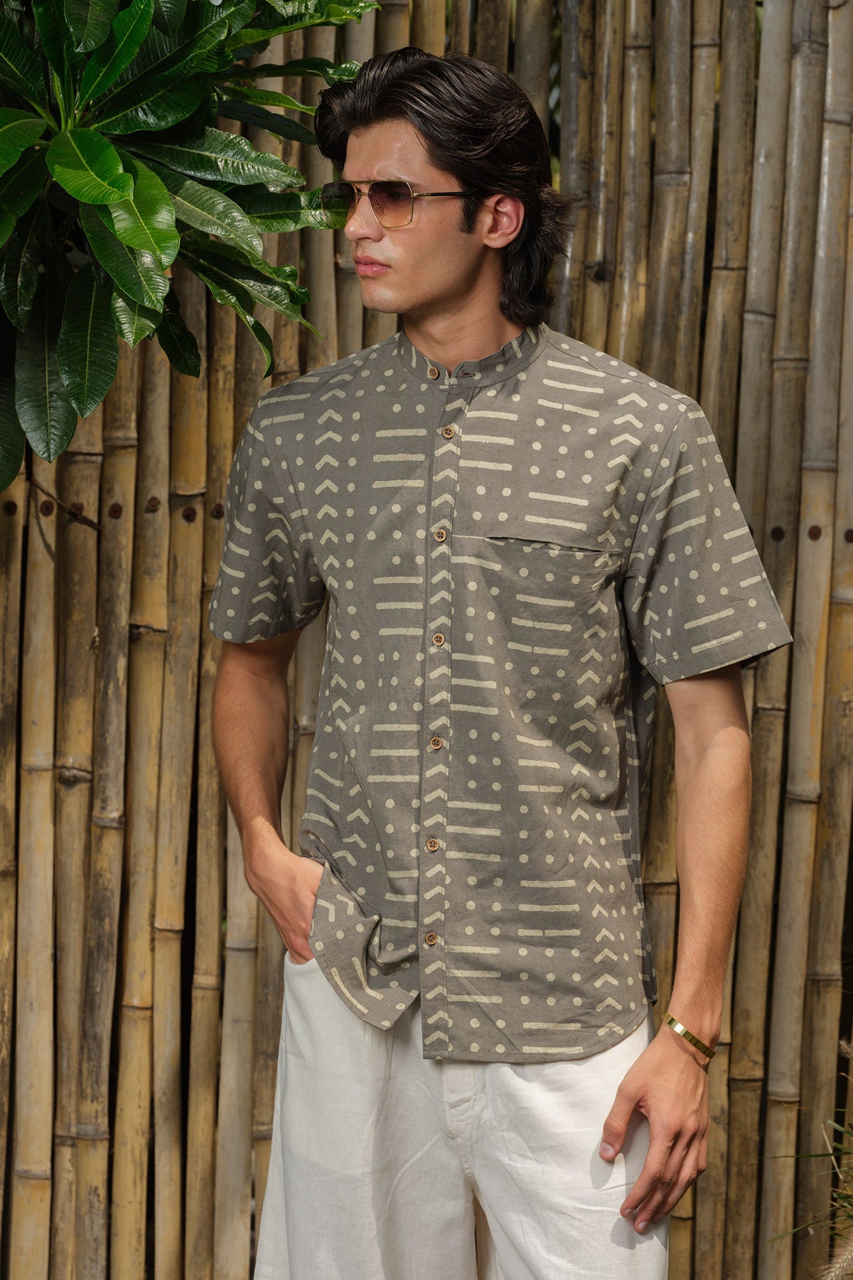 Buy Grey Dabu Block Printed Shirt by Vasudhaa Vastrram for men online at ScrollnShops